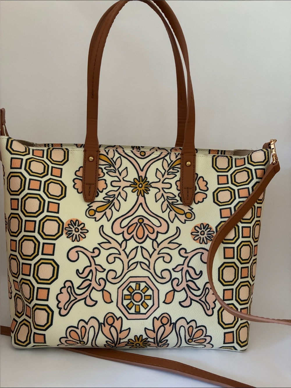 Tory Burch Cream Floral & Geometric Tote with Tan Trim - Picture 2 of 8